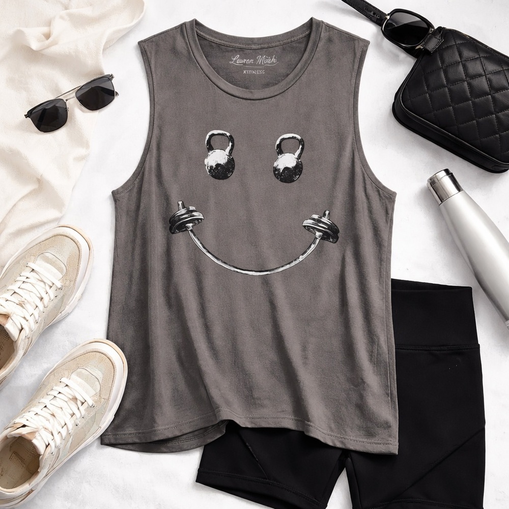 Lauren Moshi | Gray Barbell Happy Face Graphic Muscle Tank | XL - Picture 2 of 6